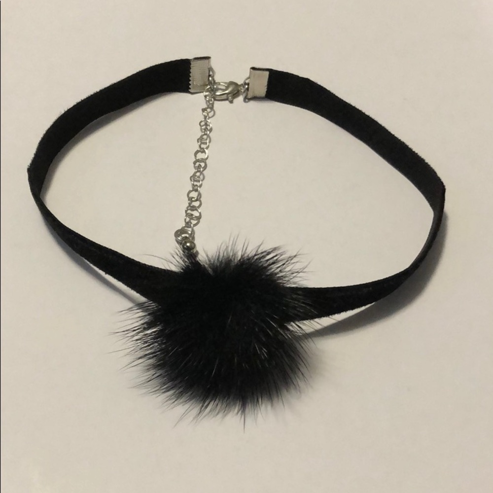 Black Velvet Choker With Black Fur Pom Pom